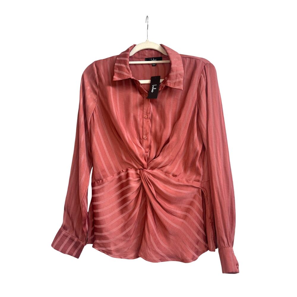Lulus Rusty Rose Satin Collar Twist Front with Buttons Statement Blouse